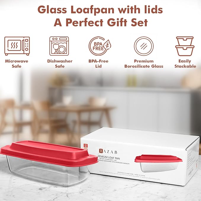 Razab LARGE 7.6 Cups/1800 ML/1.9 Qt Glass Loaf Pan with Lids - Meatloaf Pan BPA free Airtight Lids Grip Handle Easy Carry, Microwave and Oven Safe - Loaf Pans For Baking Bread, Cakes, Glass Loaf Pan