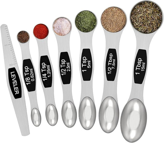 Magnetic Measuring Spoons Set - Wildone Stainless Steel Double Sided Measuring Spoons Set of 7 Black, for Dry & Liquid Ingredients, Including 6 Heavy Duty Nesting Spoons, 1 Leveler, Fits in Spice Jar