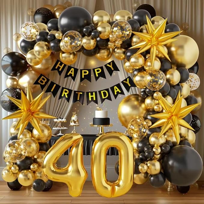 128Pcs Back to School Black and Gold Balloon Arch Kit, Explosion Star Black and Metallic Gold Balloons 18/12/10/5 Inch Balloons for Birthday Anniversary Retirement Wedding Graduation Decorations
