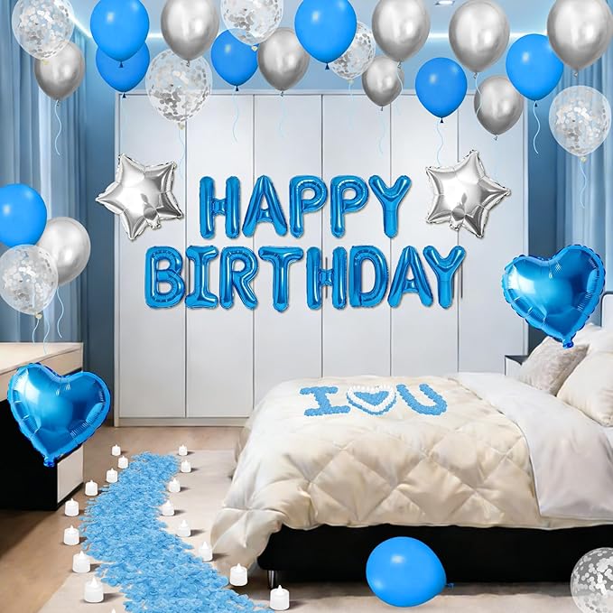 Blue Happy Birthday Balloons Decorations Light Blue Silver Birthday Balloon Letters Banner with Star Heart Balloons 1000 Pcs Artificial Rose Petals 24 Flameless LED Candles for Birthday Party Supplies