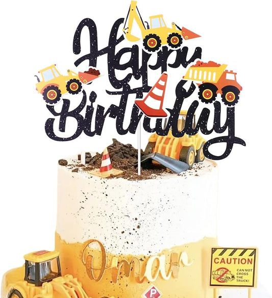 Construction Theme Happy Birthday Cake Topper Glitter Construction Cake Pick Dump Truck Excavator Tractor Cake Decorations Vehicles Cake Topper for Kids Birthday Baby Shower Party