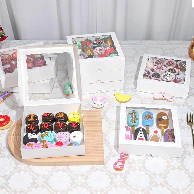 TEMLQPACK 50pcs 8x8x2 Inch White Bakery Boxes with Window - Perfect for Cookies, Chocolate Covered Strawberries, Pretzels, Cakesicles & More