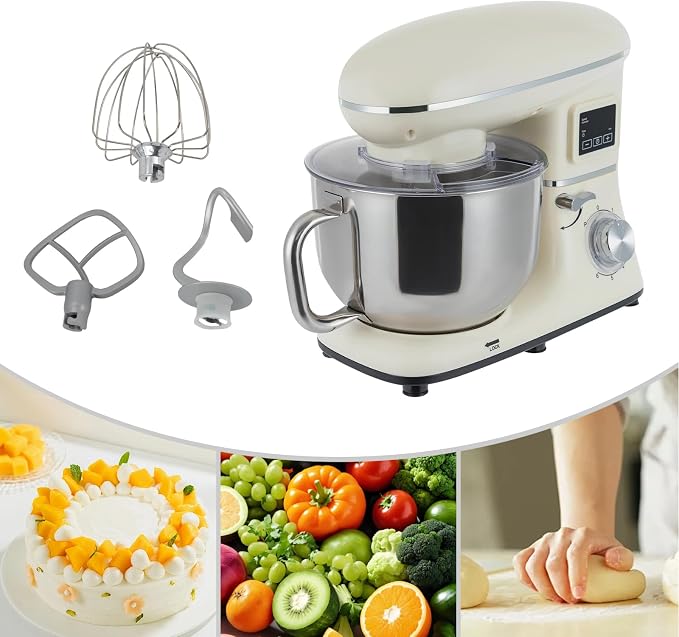 1350W Stand Mixer,6.5Qt Electric Kitchen Mixer,Dough Machine with LCD Display,Electric Food Mixer for Kitchens,Restaurants,Bakeries (Black) (1350, Watts) (White)