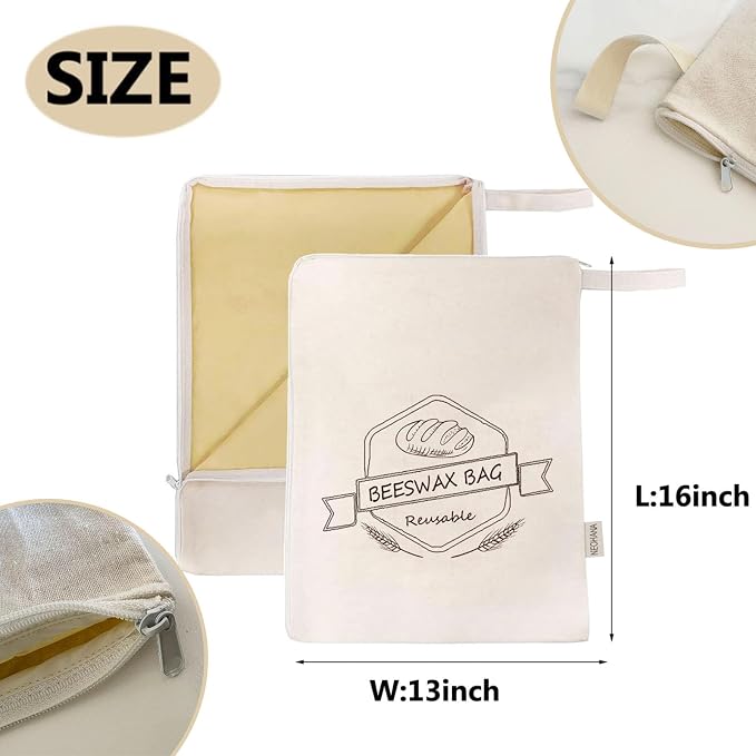 Puransen Zipper Beeswax Bread Bags for Homemade Bread and Fresh Bread Storage - Reusable Organic Beeswax Cotton Linen Storage Bags, Family Essentials Sourdough Bags with Zip to Keep Fresh - 2 Packs