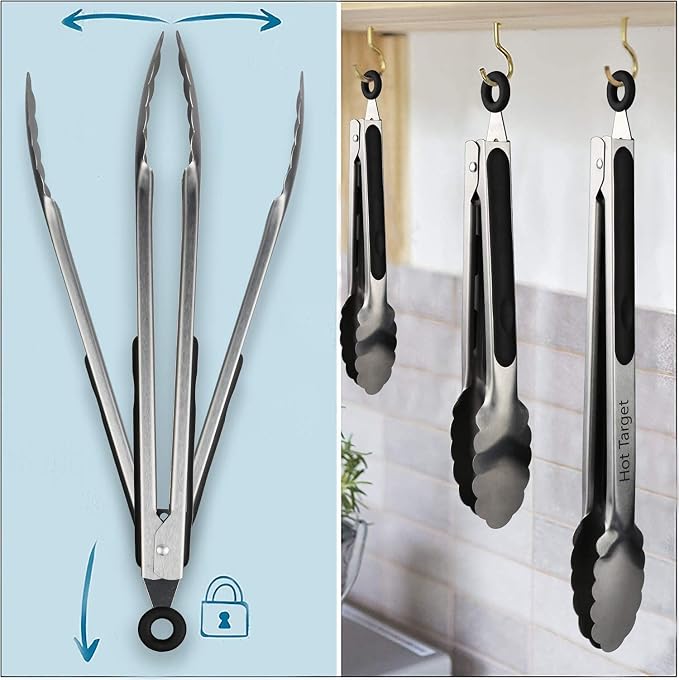 Set of 3: 7, 9, 12 inches, Heavy Duty, Non-Stick, Stainless Steel Silicone BBQ and Kitchen Tongs. Heat resistant up to 600°F (Silver)
