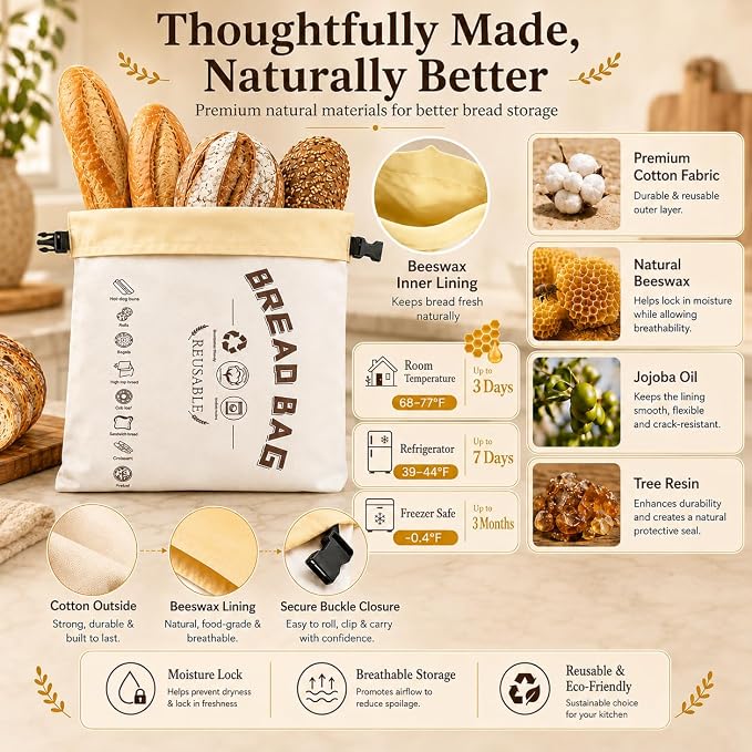 1 Pack Beeswax Bread Bags for Sourdough, XL 17 x 13 Inch Beeswax Bread Bag, Reusable Cotton Bread Storage Bag with Natural Wax Lining, Freezer Safe, Long-Lasting Freshness, Capacity for Home Baking