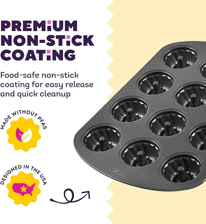 Wilton Gold Non-Stick Bakeware Mini Fluted Pan - Baking Pan for Mini Bundt Cakes, Donuts & More - Made Without PFAS & Scratch Resistant - Offers Even Heat Distribution - 16.5 x 11 Inch, 12 Cavity