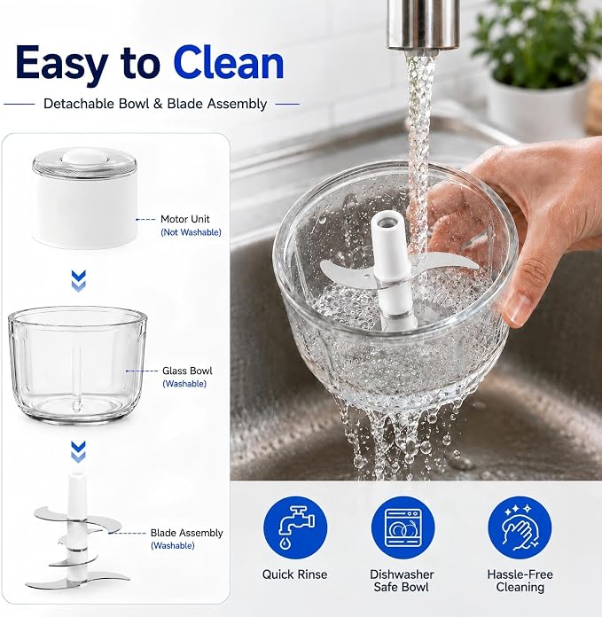 Electric Garlic Chopper,350ML Mini Food Processor,Thick Glass Bowl Mini Chopper,Portable Vegetable Chopper with Upgraded 6 Stainless Steel Blades,Onion Mincer Grinder for Garlic,Chili,Ginger,Nuts