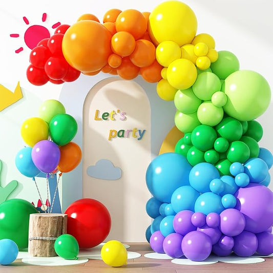 RUBFAC Rainbow Balloon Arch Kit 129pcs Different Sizes Pack of 18 12 10 5 Inch, Latex Colorful Balloons Garland for Birthday Party Decorations
