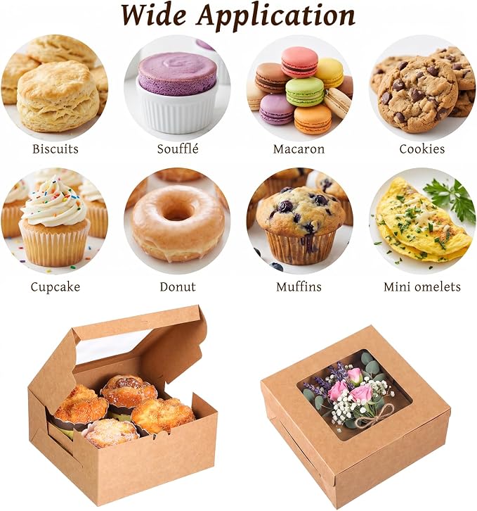 50 PCS Window Cupcake Boxes 4 Count, 6.3x6.3x3 Inch Muffin Boxes with Clear PET Lid & Paperboard, Disposable Bakery Containers for Pastries Cookies Desserts