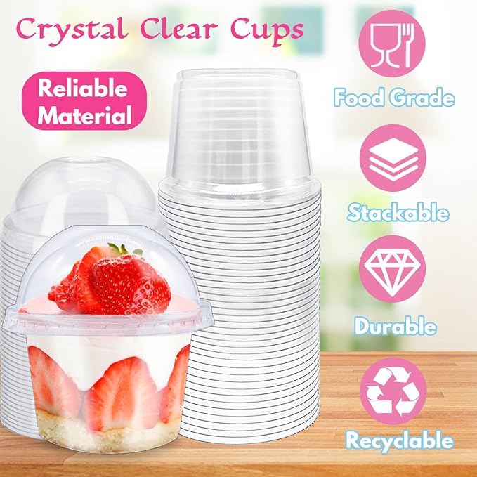 Alaeseje 100 Pack 8oz Disposable Clear Plastic Cups with Dome Lids(Hole in the Lid),PET Dessert Cups,Disposable Snack Bowls for Ice Cream,Cake,Fruit,Parfait, Pudding and Jello Shot