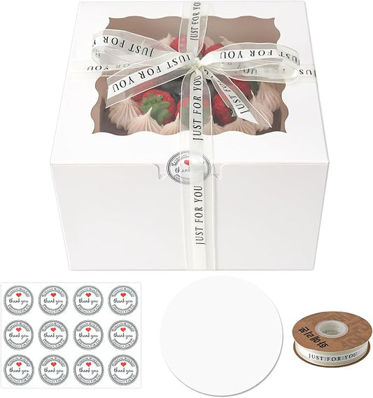 28 Sets 8x8x5 Cake Box, White Cake Box with Window 28pcs White Boxes and 28 pcs Boards, 8inch Cake Containers with Lids for Easter and Mother's Day Cheesecake, Cakes.(8 * 8 * 5inch/28pcs)