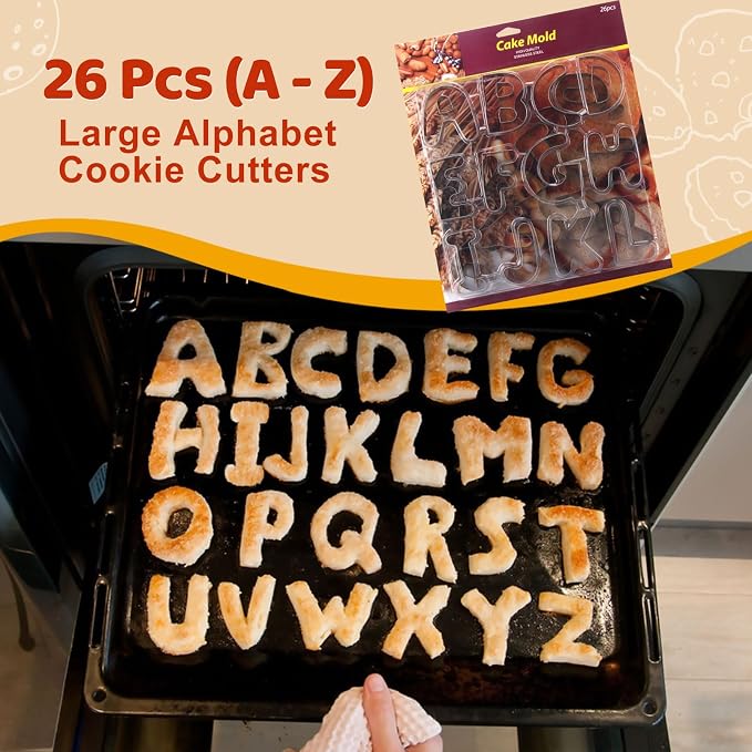 ofone Large Alphabet Cookie Cutters(A - Z), 3 Inch Stainless Steel Fondant Letter Cutters Shapes, 26 Pcs Abc Biscuit Cutter Set for Baking Dough Cakes Pastry Fruits