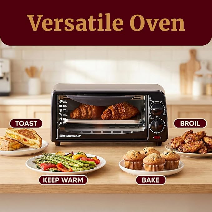 Elite Gourmet ETO236 Personal Compact 2 Slice Countertop Toaster Oven with 15 Minute Timer & Adjustable Temperature, Bake, Broil, & Toast, Black