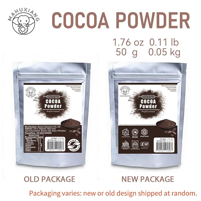 MAHUXIANG Dutch-Processed Organic Cocoa Powder, Rich Black for Baking, Drinks, Dark Hot Chocolate, Ice Cream, Brownies, Frosting, 10-14% Fat Content (1.76oz/0.11LB/50g)