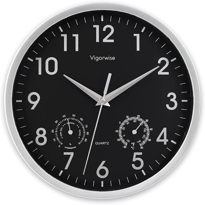 Wall Clock, Sweep Silent Movement Accurate Clocks with Temperature & Humidity, Decorative for Kitchen/Living Room/Bedroom/Office/Bathroom/Classroom (Silver, 10 inch)