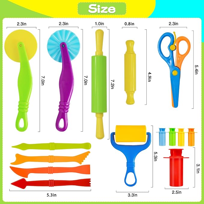 Dough Tool Set, 15 Pcs Basic Dough Tools Kits for Kids, Dough Accessories Includes Cutters Roller, Rolling Pins, Safety Scissors, Plastic Knife