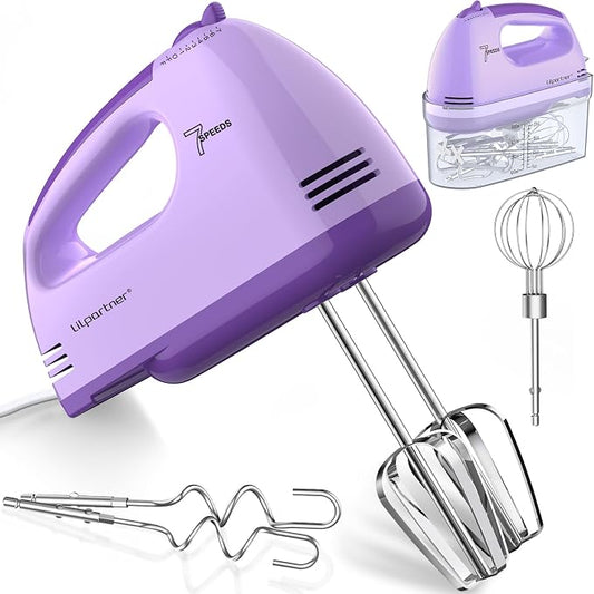LILPARTNER Electric Hand Mixer with Storage Box, Ultra Power Kitchen Hand Mixer With 7-Speed & 5 Stainless Steel Accessories for Whipping Dough, Cream, Cake, Dishwasher Safe, PURPLE BOX