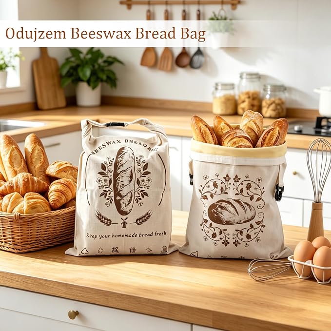 2 Pack Natural Beeswax Coated Linen Bread Bags, Reusable Fresh Keeping Bags for Sourdough & Baguette, Freezable Portable Bread Storage Container 17×12.6 Inch