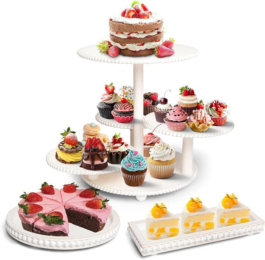 GENMOUS Wood Cake Stands Set of 3, 4 Tier Serving Tray Cupcake Stand, Beaded Rustic Dessert Tower, Round Rectangular Dessert Trays Platters for for Wedding Baby Shower Tea Party (White)