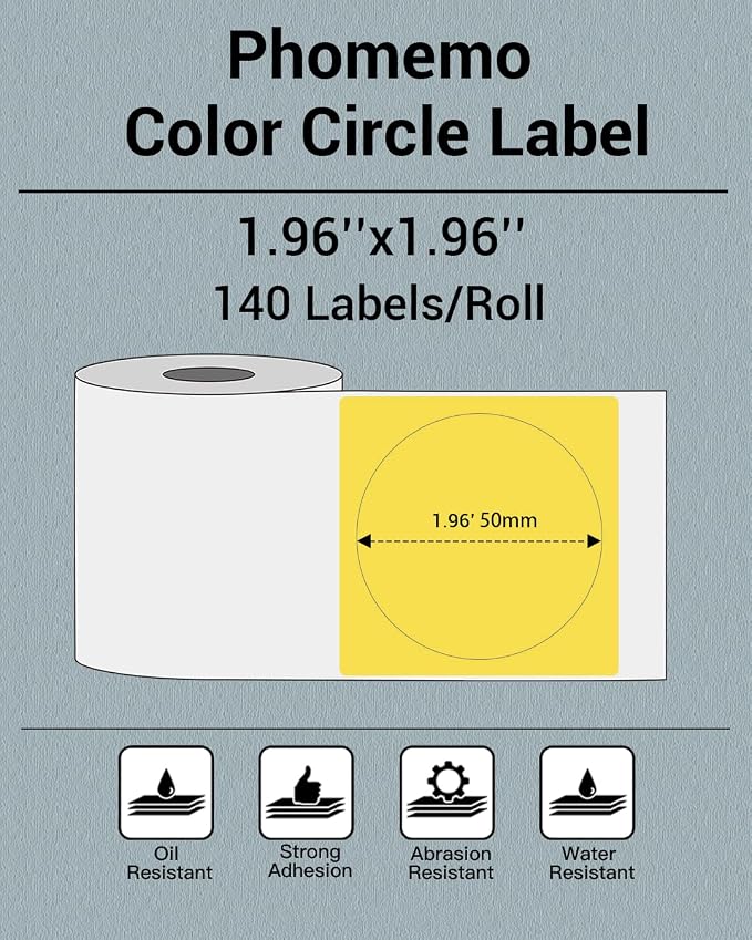 Phomemo Circle Labels for M110/M110S/M120/M200/M220 Label Maker, 1.96" x 1.96"（50x50 mm） Round Thermal Label for Barcode Labels, DIY Logo Design, Black on Yellow
