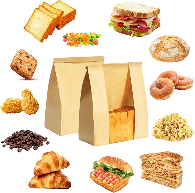 60PCS Sourdough Bread Bags for Homemade Bread Tin Tie Tab Lock Paper Large Bakery Bags with Window for Baked Food Packaging Storage Gift Giving Includes 60PCS Label Seal Stickers 13.7x8.3x3.5in