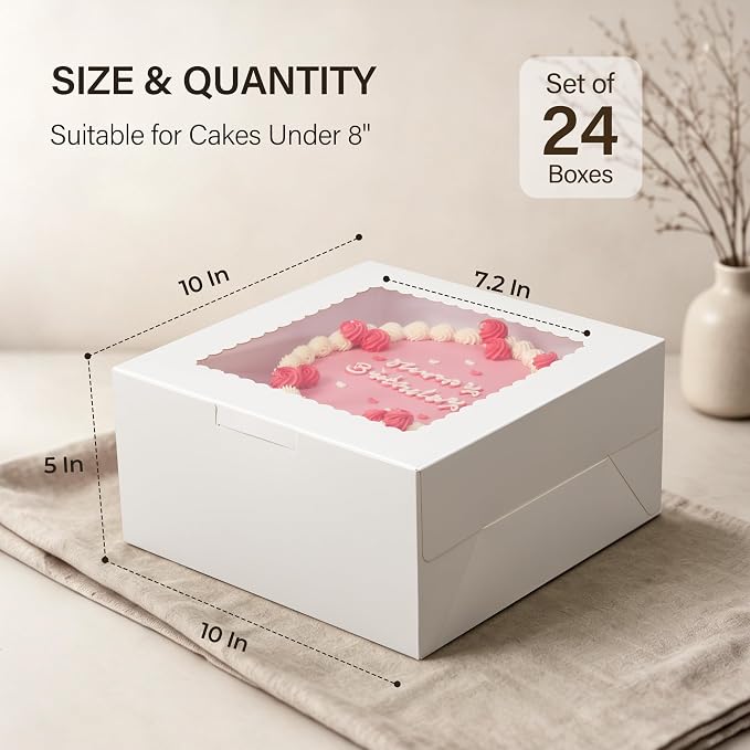 Kootek 24pcs Cake Boxes with Window, 10 x 10 x 5 Inches Bakery Boxes Treat Cookie Dessert Boxes Pastry Box for Cake, Chocolate Covered Strawberries, Cupcakes, Donuts, Baked Goods