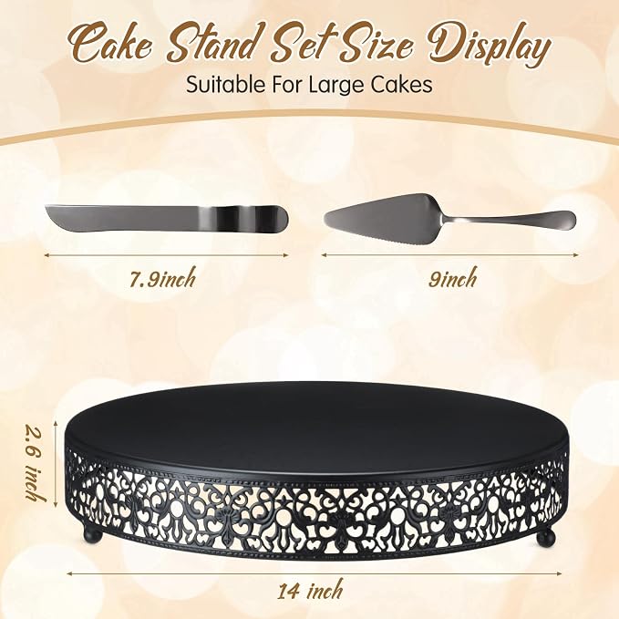Wenqik 14 Inch Black Cake Stand Set Metal Round Cupcake Dessert Stand with Cake Cutting, Spatula Wedding Cupcake Pastry Display Candy Holder Display for Wedding Party Birthday Baby Shower(Classic)