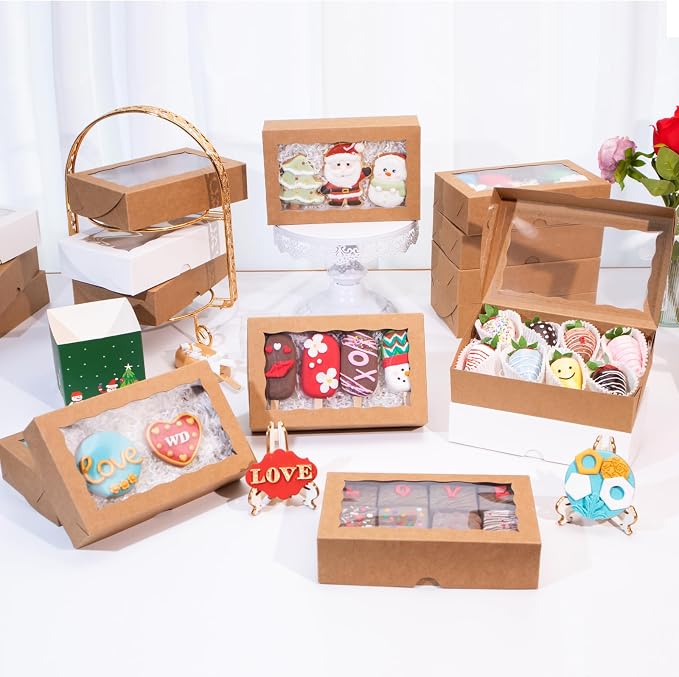 50PCS 8x5x2 Inch Bakery Boxes with Window for Chocolate Covered Strawberries, Cookies, Cakesickle, Brownies, Donut & More