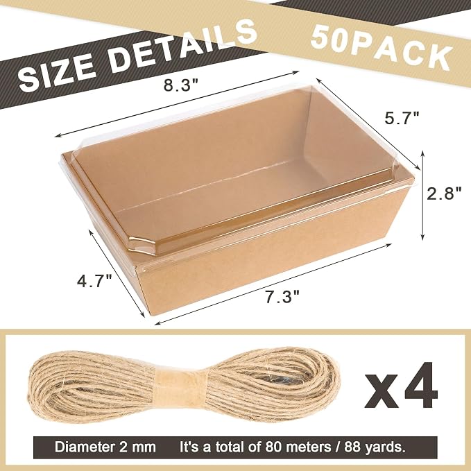 8 x 6 Inch Paper Charcuterie Boxes with Clear Lids, 50 Pack Large Disposable Food Containers, Take Out Bakery Boxes for Cake Slice, Cupcakes, Sandwiches, Cookies, Cocoa Bombs, Salads (Brown)