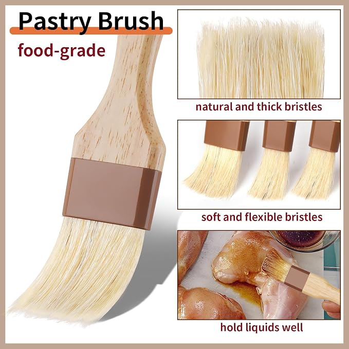 3 Pcs Pastry Brush, Natural Bristle Basting Brush, Cooking Brush, Food Brush, Butter Brush, Baster Brush, BBQ Brushes for Sauce, Kitchen Baking Brushes for Oil, Grilling, Marinade