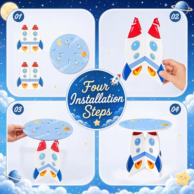 Rocket Cake Stand, 3D PVC Space Theme Dessert Display Stand for Birthday Party, Baby Shower and Outer Space Decorations, Cake Holder for Cupcakes, Cakes and Sweets