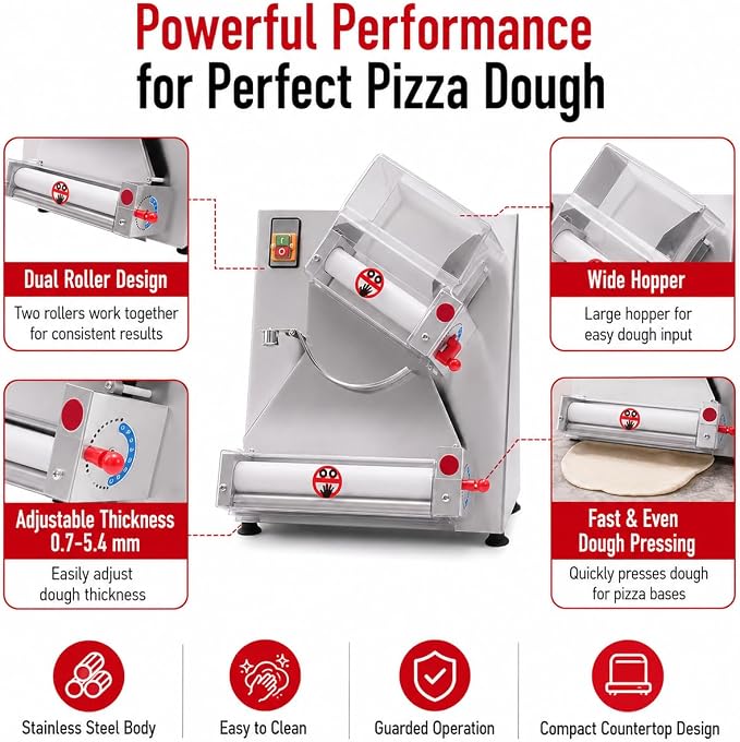 Pizza Dough Roller Sheeter, 4-12" Commercial Electric Automatic Pizza Press Making Rolling Machine, Adjustable Thickness 0.03-0.2 Inch, Stainless Steel Dough Machine for Noodle Bread & Pasta Maker