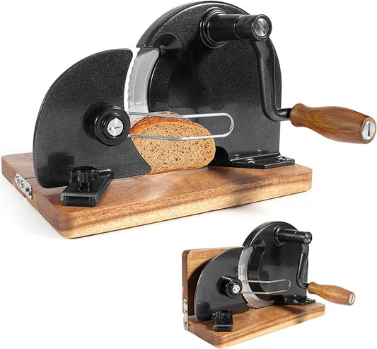 Foldable Sourdough Bread Slicer Adjustable Thickness, Manual Bread Slicer, Add Metal Rails, Hand Crank Bread Cutter Machine with Scale Line and Suction Cup, Stainless Steel Blade (Black)