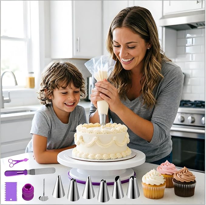 ANSLYQA Cake Decorating Kit, 193 Pcs Baking Tools | Cake Turntable, Leveler, 24 Numbered Icing Tips, 2 Spatulas, 3 Scrapers, 50 Pastry Bags, 50 Cupcake Liners & More, (Purple)