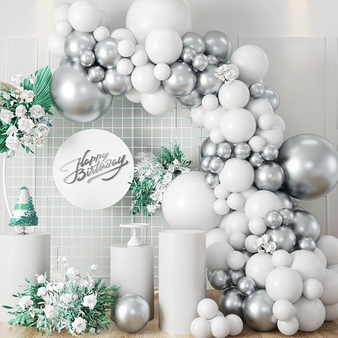 Silver and White Balloon Garland Kit, Metallic Silver White Balloon Arch Kit, Helium Latex Balloons Different Sizes 18/12/10/5 Inch for Wedding Birthday Baby Shower Anniversary Party Decorations