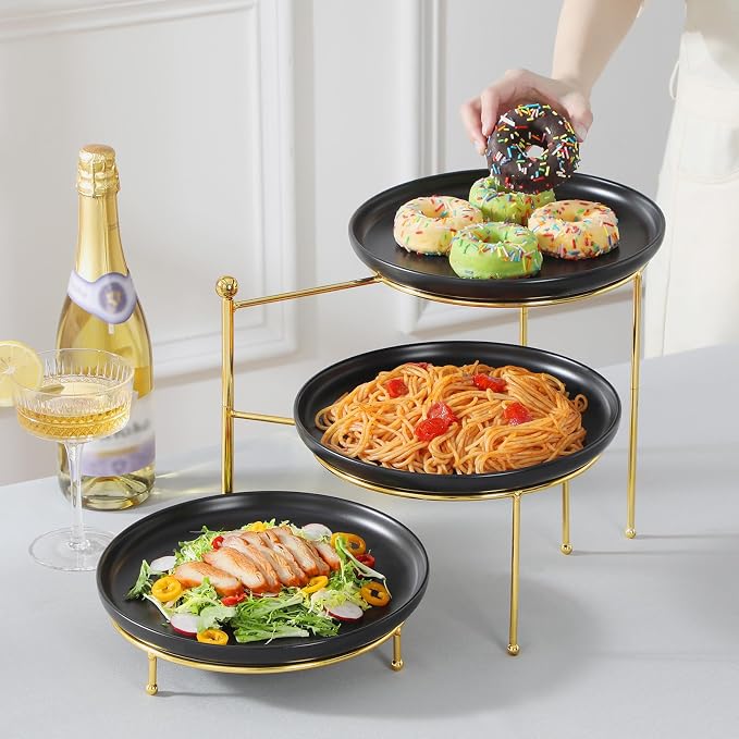 MALACASA Black 3 Tier Serving Tray Stand with Gold Rack, 10 Inch Porcelain Tiered Dessert Stand, Cupcake Fruit Display Tower, Serving Platters for Party, Appetizer Tray, Dessert Table Display