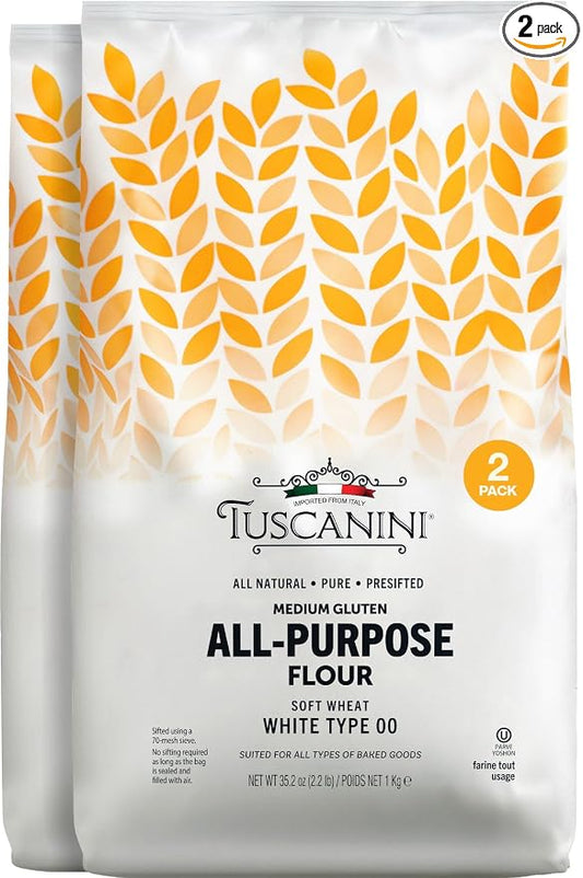 Tuscanini Italian Pizza Flour, Soft White Wheat Double Zero 00 Flour, 2.2 lb (2 pack) | For Pizza Baking, Pastries & Bread | Insect Free | All Natural, Pure, Presifted | Kosher