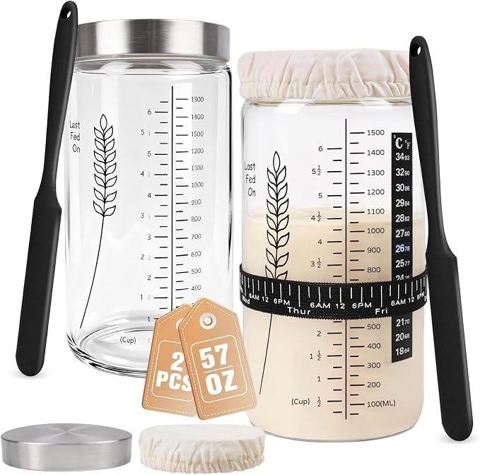Premium Sourdough Starter Jar, 57oz Large Capacity Sourdough Jar | Sourdough Bread Starter Kit for Perfect Sour Dough Bread (Black, 2 Pack)