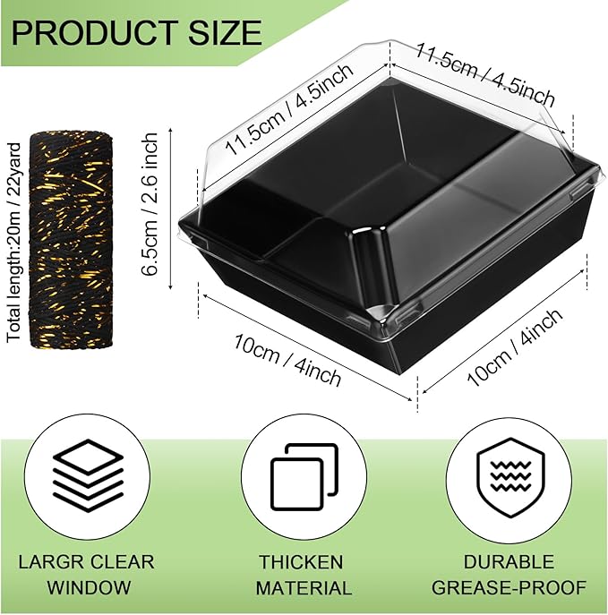 Jetec 150 Pack Charcuterie Boxes with Clear Lids and Rope 4 Inches Cake Disposable Square Dessert Food Box Containers with Lids for Bakery Macaron Cookies Strawberries Fruits Display (Black)