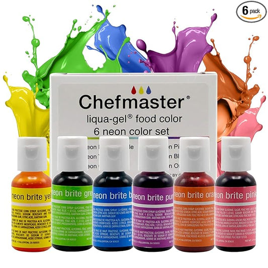 Chefmaster - Neon Liqua-Gel Food Coloring - Fade Resistant - 6 Pack of 20ml Bottles - Stunning Vivid Colors with Lightweight and Easy-To-Blend Formula