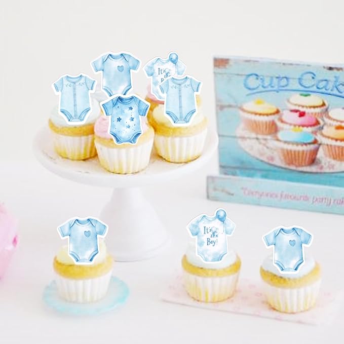 60 PCS Edible Blue Bodysuit Cupcake Toppers Jumsuits Gingham Theme Cupcake Picks Edible It's a Boy Baby Shower Decorations for Boys Birthday Baby Shower Gender Reveal Party Cake Decorations Supplies