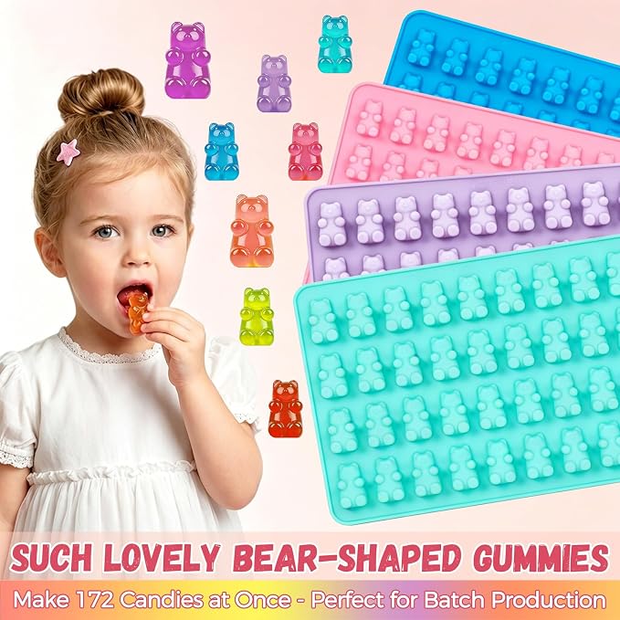 CAKETIME Gummy Bear Mold Silicone, Bear Snack Molds Gummies Trays Molds with Dropper for Candy Chocolate, 4Pcs Medium & Mini