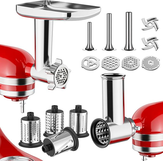 Meat Grinder & Stainless Steel Cheese Grater Attachment for KitchenAid Stand Mixer - 2 Pcs Kitchen Aid Accessories and Attachments Including Slicer Shredder and Food Grinder Attachment
