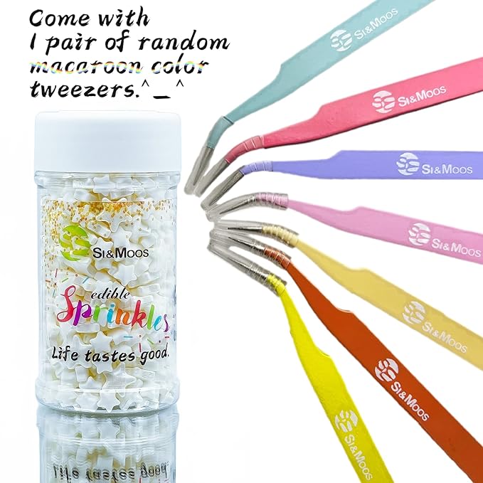 SE Si&Moos White Star Sprinkles for Cake Decorating Star Cake Decorations Large and Small Edible White Stars, Shower Party Birthday Halloween Christmas Supplies 3 OZ with Tweezers