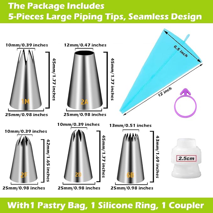 Suuker Large Piping Tips Set, Stainless Steel | Seamless, Cake Decorating Tips, Pastry Tips & Piping Bags, Frosting Icing Tips, 1M 2D 2F 6B 2A