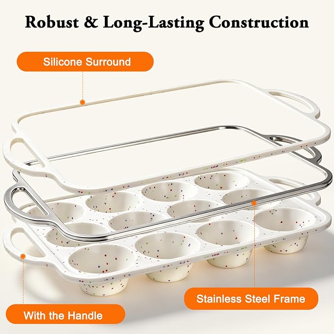 2 Pack Silicone Muffin Pans with Metal Reinforced Frame Regular 12 Cups Cupcake Pan with Handle Nonstick BPA Free Muffin Molds for Baking Muffins, Cupcakes, Egg Bites, Oven Dishwasher Safe