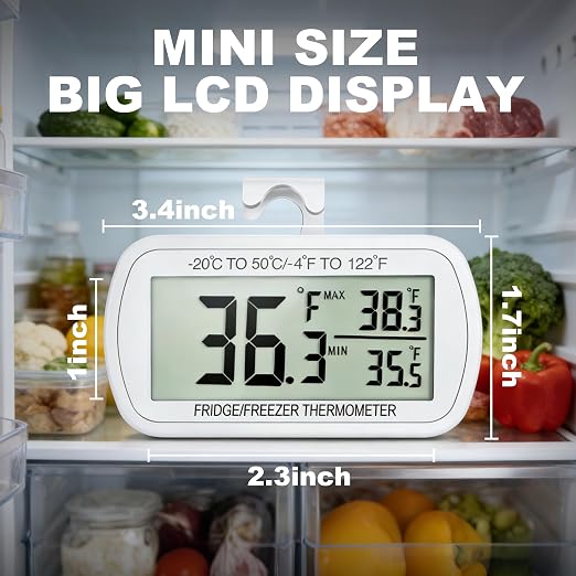 Waterproof Refrigerator Fridge Thermometer, Digital Freezer Room Thermometer, Max/Min Record Function Large LCD Screen and Magnetic Back for Kitchen, Home, Restaurants (4 Pack)