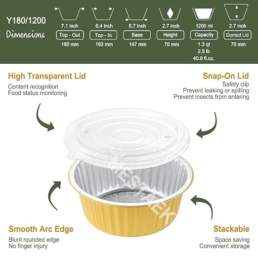 40oz Deep Round Aluminum Foil Pans with Lids, 5 Pack | 7 Inch Round, 2.7 Inch Deep, Heavy Duty Foil, Ideal for Baking, Meal Prep and Food Storage