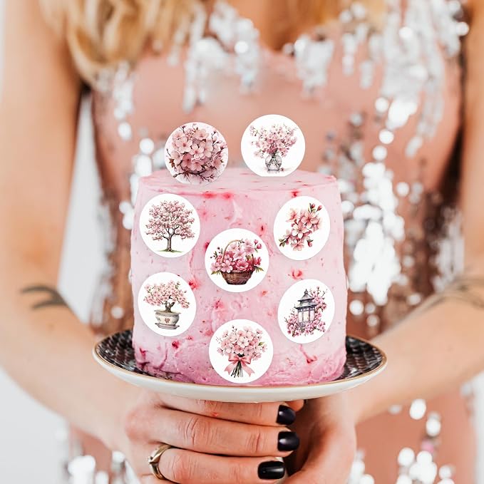 36PCS Edible Cherry Blossoms Cupcake Toppers Japan Edible Cherry Flowers Bouquet Cake Picks Wafer Paper Cherry Cupcake Decors for Cherry Theme Party Cake Supplies (Pink Cherry Blossoms)